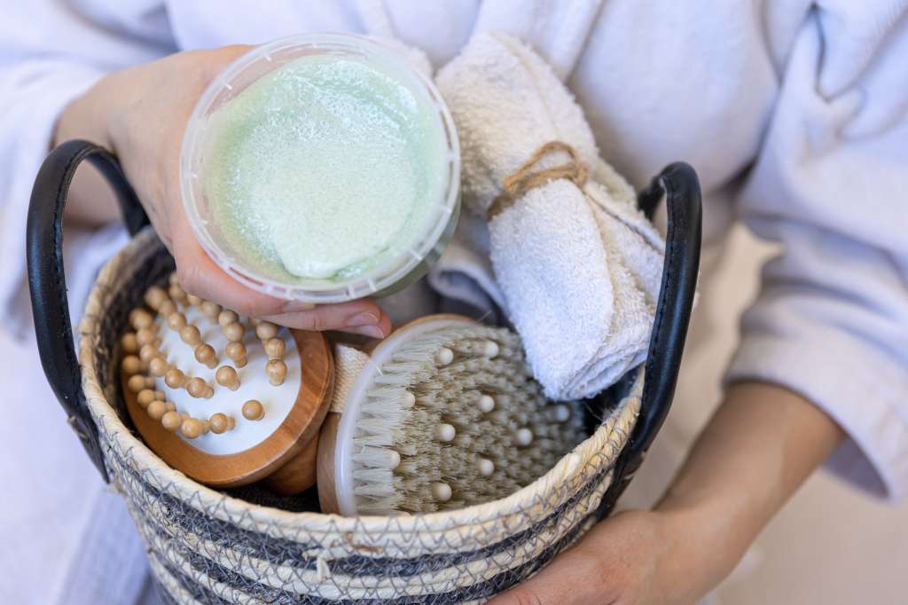 Close-up, set of spa items, body brushes and scrubs.