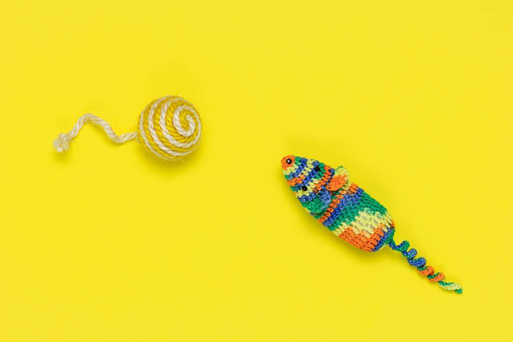 Colorful knitted pet toys.