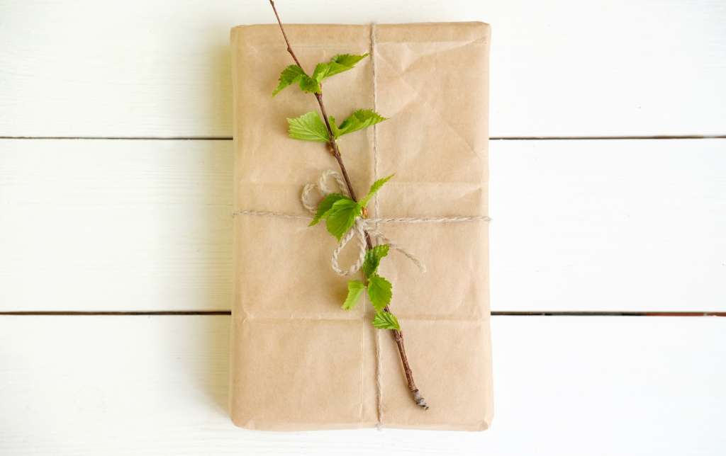 eco gift box decorated with birch leaves. Zero waste concept.